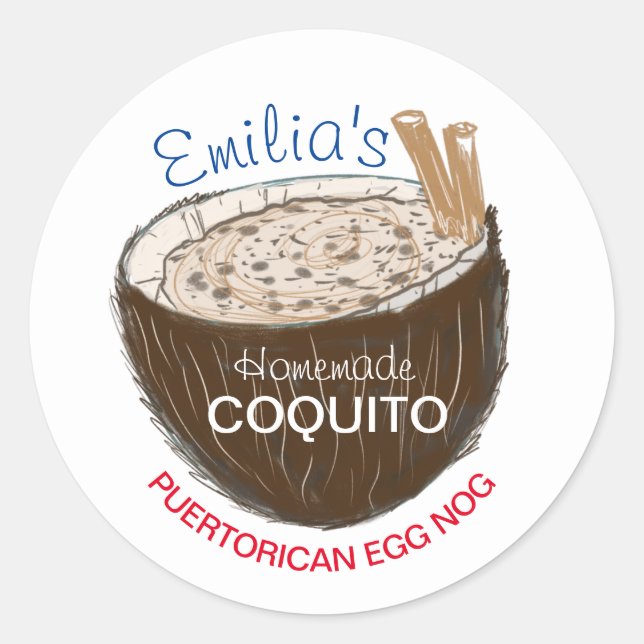 Adesivo Redondo Receita de Coquito Bebida Casca de Coco Desenhada  (Frente)