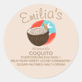Adesivo Redondo Receita de Coquito Bebida de Coco Desenhada à Mão