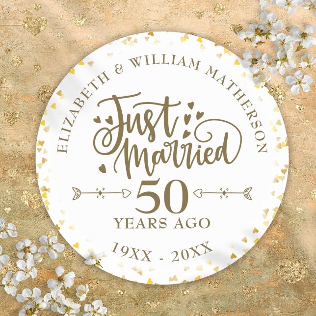 Adesivo Redondo Recem casados 50º Aniversário de Casamento (Just Married 50th Wedding Anniversary Classic Round Sticker)