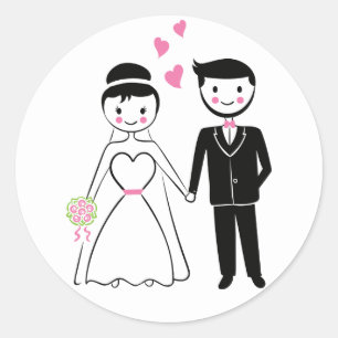 Adesivo Redondo Recem casados de Cartoons de Noiva Rosa de Casamen