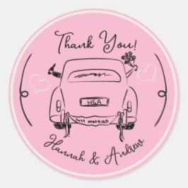 Adesivo Redondo Recém-Casados Noiva e noivo desenhados à mão Carro