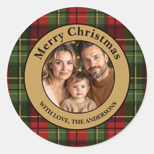 Adesivo Redondo Red And Green Plaid Custom Family Photo Christmas (Frente)