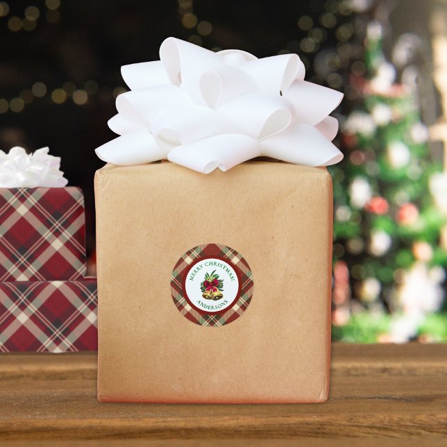 Adesivo Redondo Red and Green Tartan Christmas Personalized (Criador carregado)