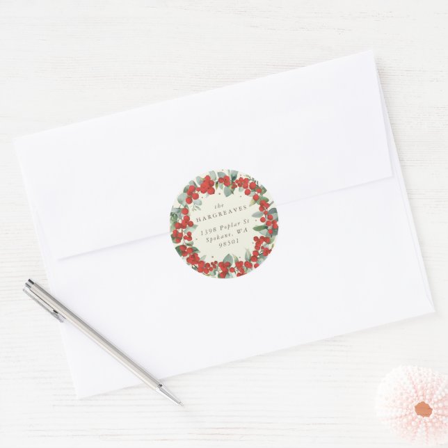 Adesivo Redondo Red Berries + Eucalyptus Holiday Endereço Wreath (Envelope)