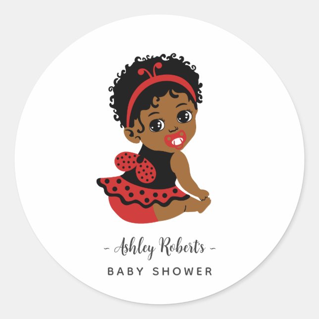 Adesivo Redondo Red Black African American Ladybug Baby Shower (Frente)