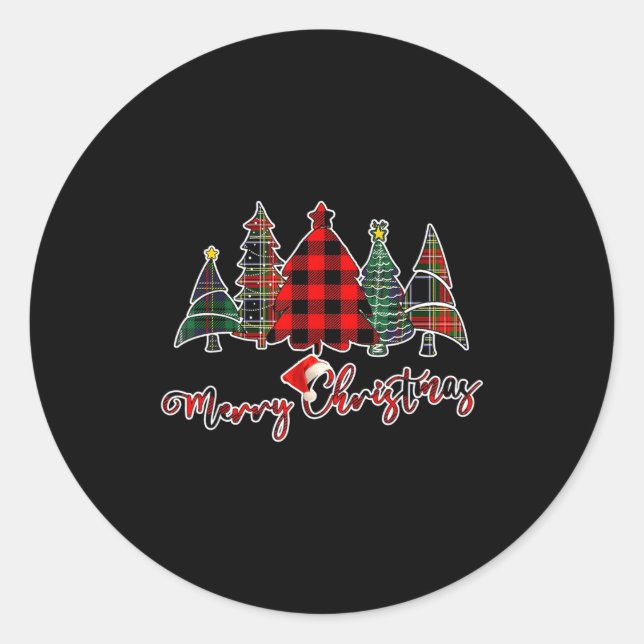 Adesivo Redondo Red Black Green Buffalo Plaid Merry Christmas Tree (Frente)