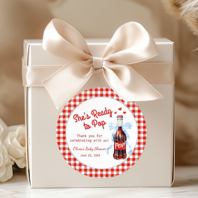 Adesivo Redondo Red & Blue She's Ready to Pop Baby Shower  (She's Ready to pop baby shower favor gift stickers)