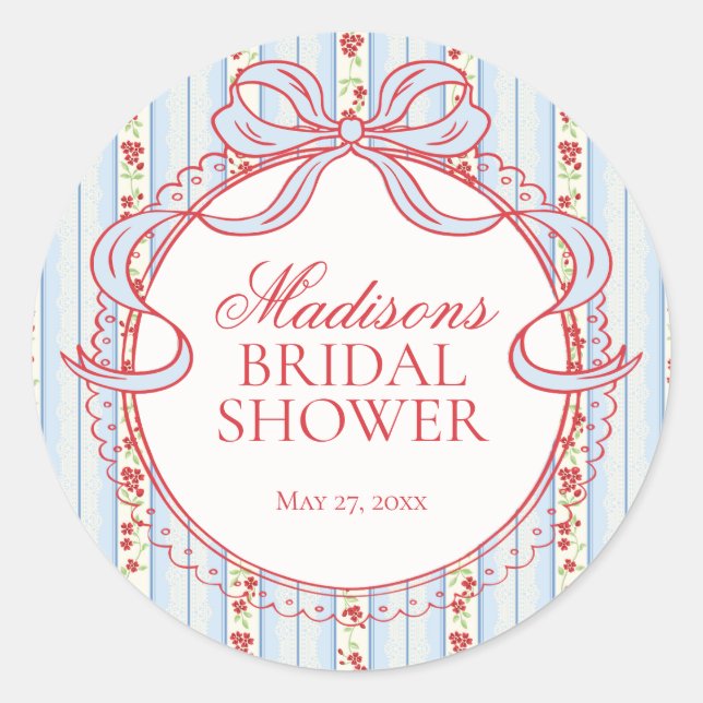 Adesivo Redondo Red & Blue Vintage Fancy Floral Bridal Shower Seal (Frente)