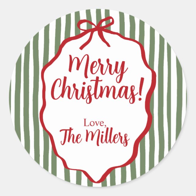 Adesivo Redondo Red Bow Christmas, Green Stripe Custom (Frente)