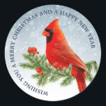 Adesivo Redondo Red Cardinal Bird Merry Christmas Sticker<br><div class="desc">Bela ave cardeal vermelha sobre fundo de neve Feliz Natal e feliz ano novo</div>