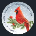 Adesivo Redondo Red Cardinal Bird Merry Christmas Sticker<br><div class="desc">Bela ave cardeal vermelha sobre fundo de neve Feliz Natal e feliz ano novo</div>