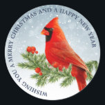 Adesivo Redondo Red Cardinal Bird Merry Christmas Sticker<br><div class="desc">Bela ave cardeal vermelha sobre fundo de neve Feliz Natal e feliz ano novo</div>