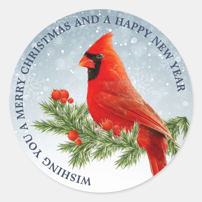 Adesivo Redondo Red Cardinal Bird Merry Christmas Sticker (Frente)