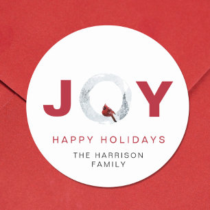 Adesivo Redondo Red Cardinal Watercolor Joy Personalizado Natal
