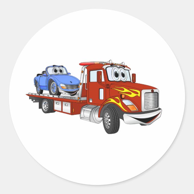 Adesivo Redondo Red Cartoon Flatbed Tow Truck (Frente)