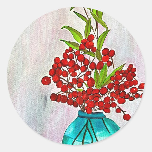 Adesivo Redondo Red Christmas Berries aquarela arte (Frente)