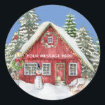 Adesivo Redondo Red Country House Snow Christmas Scenname<br><div class="desc">A cena perfeita de Natal — neve caindo; neve coberta de árvores; a casa decorada com luzes; um boneco de neve na frente; veado na frente. Para você ou muito especial como presente. Personalize a mensagem como quiser. Quaisquer questões ou problemas relacionados com o design, basta enviar um e-mail: charmdesignstudio@rcn.com...</div>