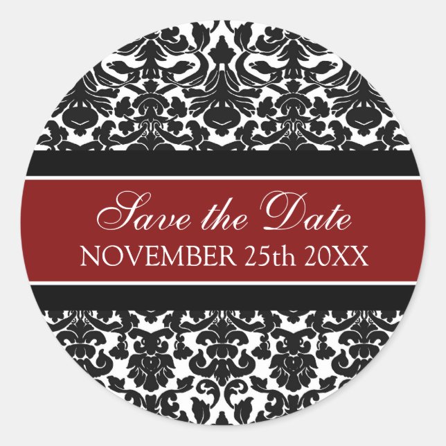 Adesivo Redondo Red Damask Save the Date Envelope Seal (Frente)