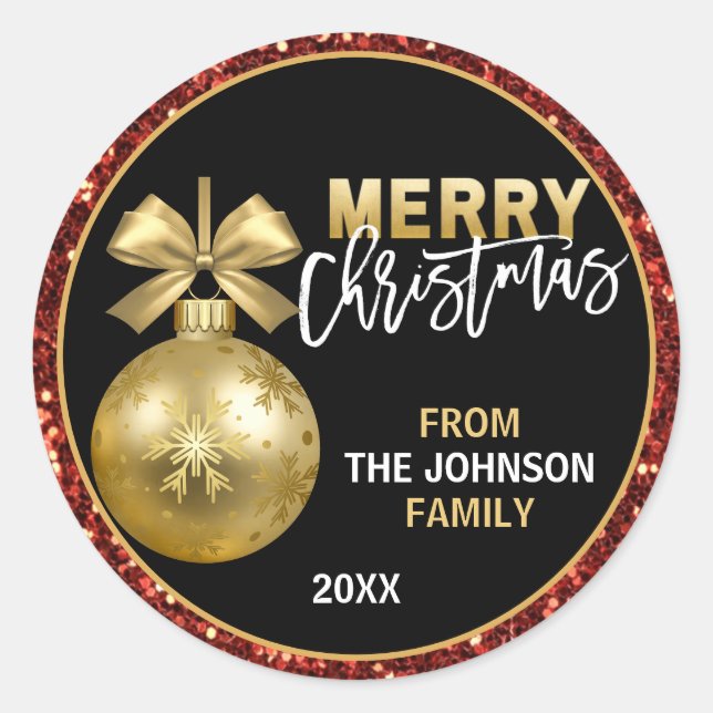 Adesivo Redondo Red Dourado Bauble Ornater Glitter Feliz Natal (Frente)