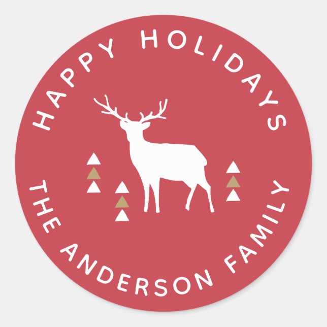 Adesivo Redondo Red e Dourada Reindeer Happy Holidays Gift Sticker (Frente)