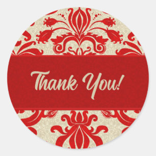 Adesivo Redondo Red e Taupe Damask Obrigado