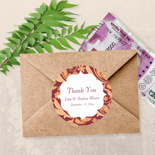 Adesivo Redondo Red Floral Henna Wedding Favor (Criador carregado)