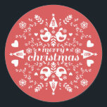 Adesivo Redondo Red Folk Christmas Cheer<br><div class="desc">Estilo escandinavo arte popular apresenta um design vermelho divertido.</div>