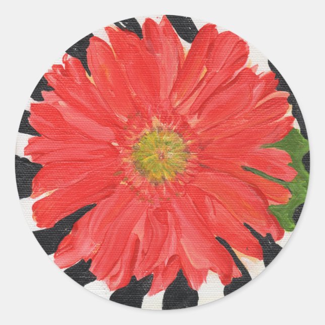 Adesivo Redondo Red Gerbera Daisy em Zebra (Frente)