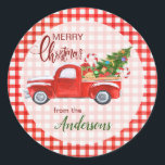 Adesivo Redondo Red Gingham Christmas Envelope Seal<br><div class="desc">Este é um adesivo bonito para uso versátil durante a temporada de Férias. Apresenta uma imagem aquosa de um caminhão de fazenda vermelha carregado com guloseimas de Natal, incluindo uma árvore decorada e canetas doces. O texto acima diz "Feliz Natal" e sua assinatura pessoal está em dois campos abaixo da...</div>