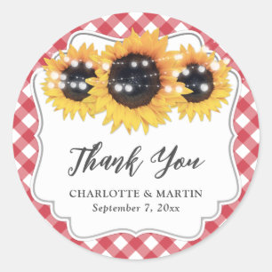 Adesivo Redondo Red Gingham Rustic Sunflower Obrigado