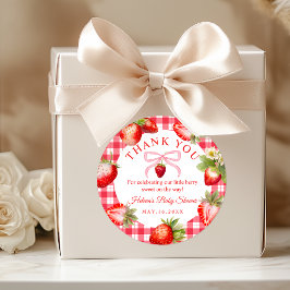 Adesivo Redondo Red Gingham Strawberries Baby Shower Thank You