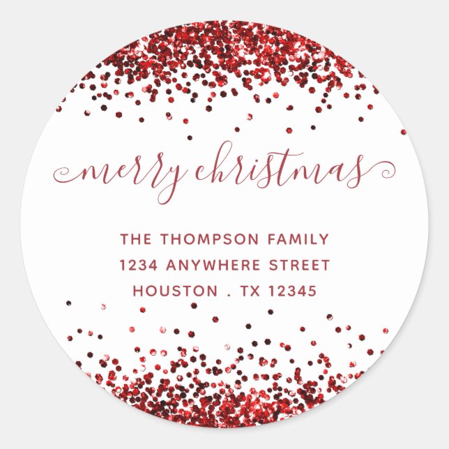 Adesivo Redondo Red Glitter Merry Christmas Name Endereço de devol (Frente)