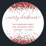Adesivo Redondo Red Glitter Merry Christmas Name Endereço de devol<br><div class="desc">Red Glitter Merry Christmas Name Return Address (Endereço de devolução do nome de Natal da alegria vermelha). Personalize facilmente o texto.</div>