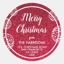 Adesivo Redondo Red Glitter White Christmas Baubles