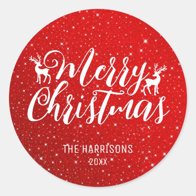 Adesivo Redondo Red Glitter White Typografia Reindeer Natal (Frente)