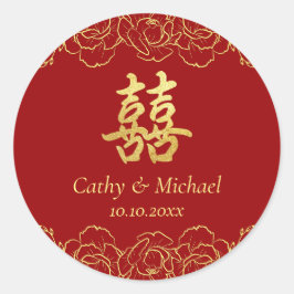 Adesivo Redondo Red gold floral border chinese casamento duplo xi