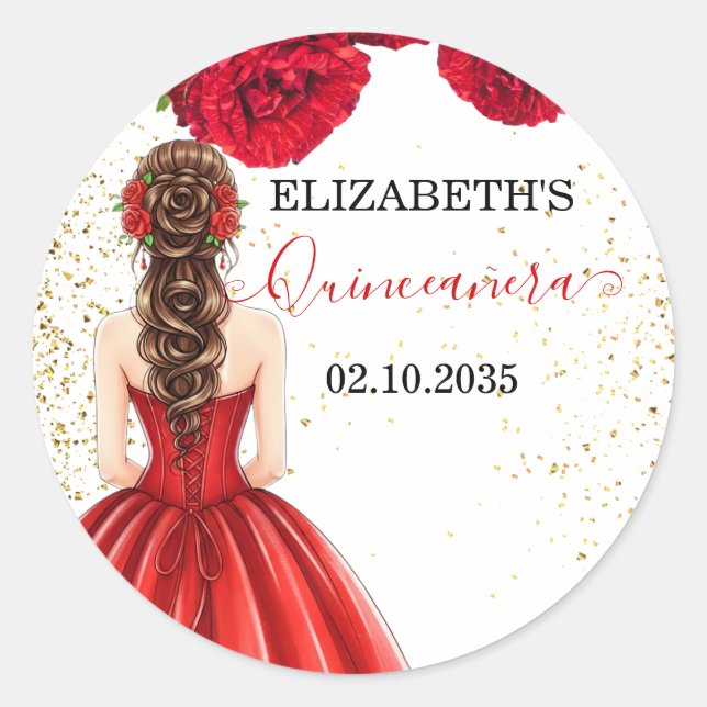 Adesivo Redondo Red & Gold Quinceañera Custom Round Sticker (Frente)