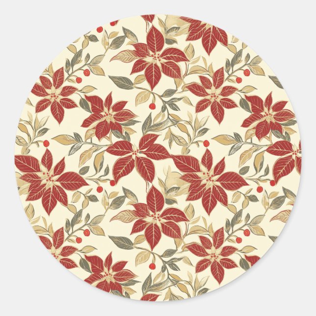Adesivo Redondo Red Green Vintage Poinsettias Natal (Frente)