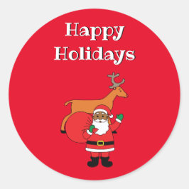 Adesivo Redondo Red Happy Holidays afro-americano Papai Noel