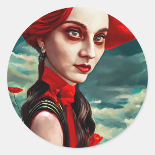Adesivo Redondo Red Head Poppy Flor Lady fantasia