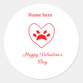 Adesivo Redondo Red heart dog cat paw happy Valentine's day name 