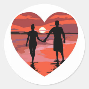 Adesivo Redondo Red Heart Sunset Beach Segurando Mãos