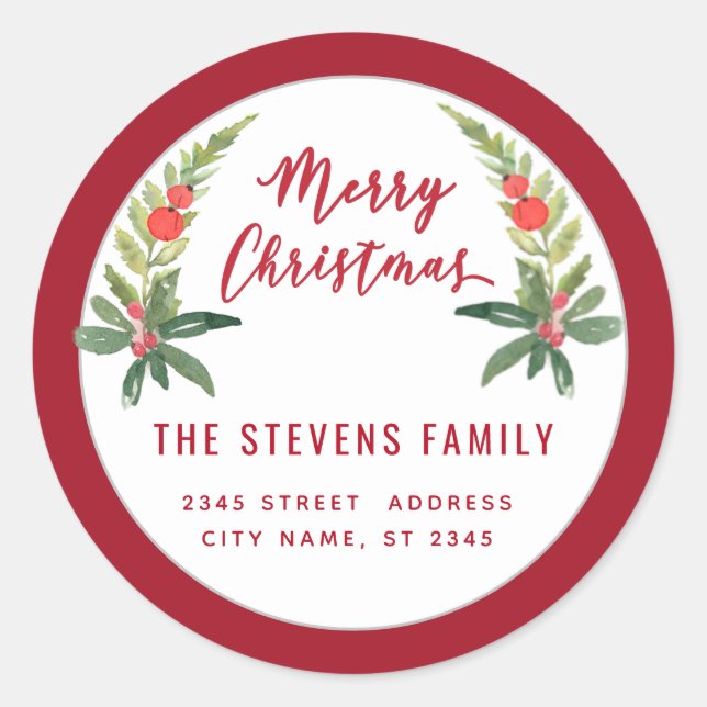 Adesivo Redondo Red Holly moderna Escrita Feliz Natal (Frente)