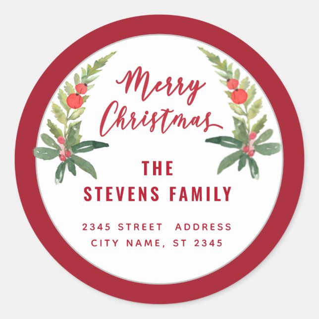 Adesivo Redondo Red Holly moderno Script Merry Christmas Classic R (Frente)
