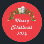 Adesivo Redondo Red Merry Christmas 2024<br><div class="desc">Celebre a temporada em estilo com este adesivo vermelho "Feliz Natal 2024"! Apresentando um design festivo perfeito para espalhar alegria de férias. Quer você esteja decorando cartões de natal,  embrulhando presentes ou personalizando seu planejador,  este adesivo adiciona um toque de mágica de Natal a qualquer superfície.</div>