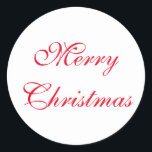 Adesivo Redondo Red Merry Christmas Script | Férias<br><div class="desc">Feliz Natal Tradicional de Feriados Vermelhos com script vermelho em um fundo branco.</div>