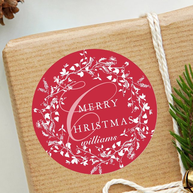 Adesivo Redondo Red Modern Boho Wildflower Wreath Natal (Criador carregado)