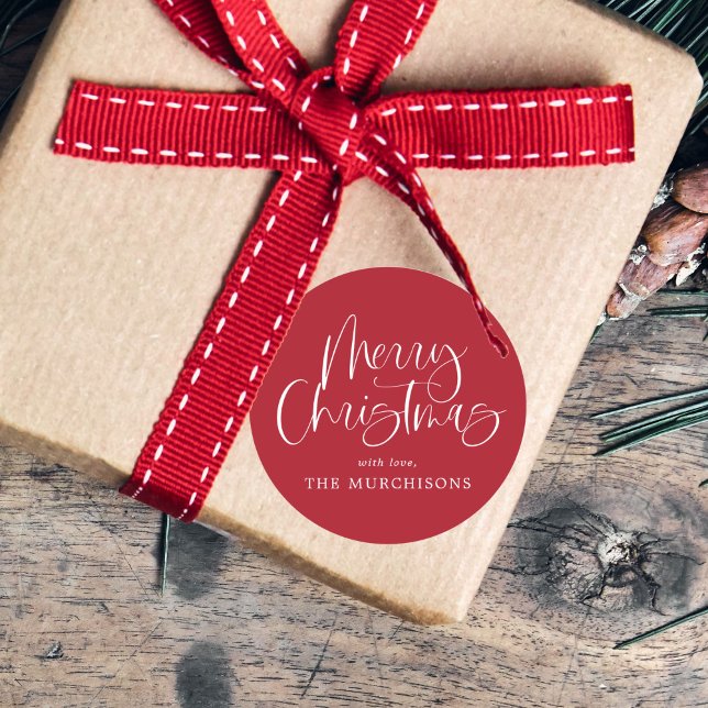 Adesivo Redondo Red Modern Simples Caligrafia Feliz Natal (Criador carregado)