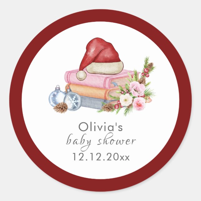 Adesivo Redondo Red New Chapter Begins Winter Floral Baby Shower  (Frente)