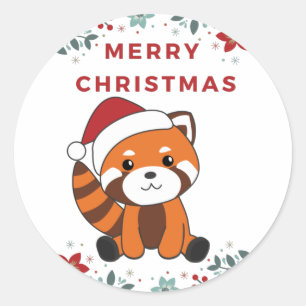 Adesivo Redondo Red Panda Natal Neve Animais de inverno Pandas Cla